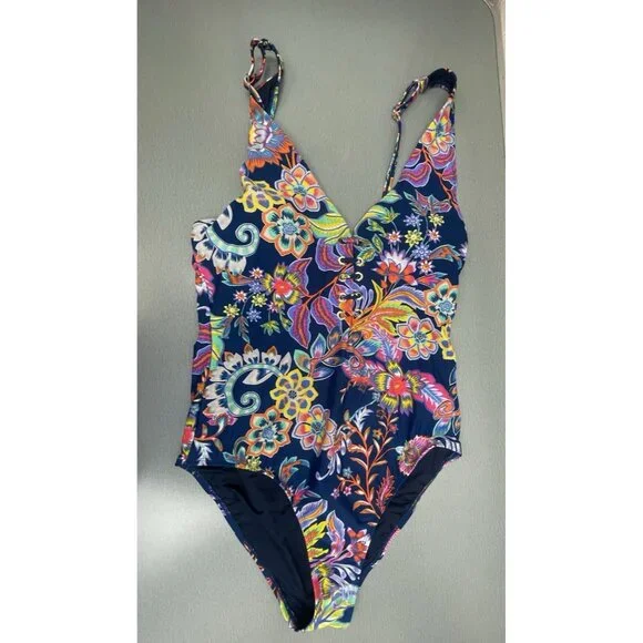 NEW $108 BCBGMAXAZRIA Womens Small One Piece Swimsuit Midnight Floral Lace Up - Picture 13 of 13